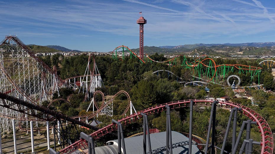 Aerial view of roller coasters at Six Flags Magic Mountain in Valencia, California