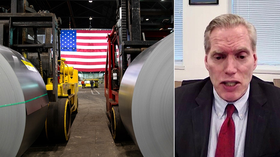 split photo of steel plant and man speaking