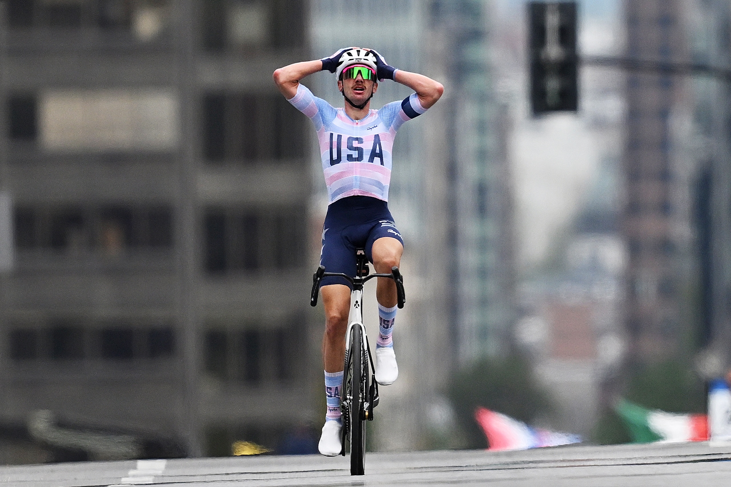 MONTREAL, QUEBEC - SEPTEMBER 27: Brandon McNulty and Team United States celebrates at finish line as gold medal winner during the 99th UCI Road World Championships Montreal 2026 - Men Elite Road Race a 273.4km one day race from Brossard to Montreal on September 27, 2026 in Montreal, Quebec. (Photo by Dario Belingheri/Getty Images)