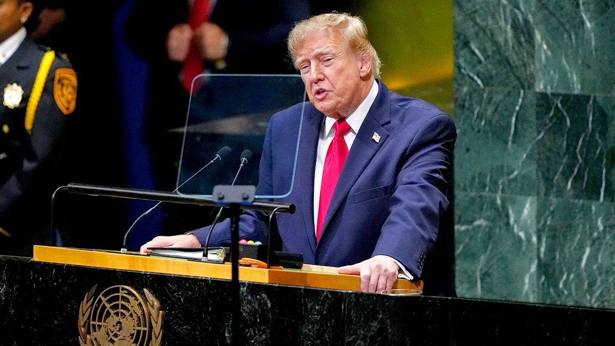 Donald Trump speaks from a podium.