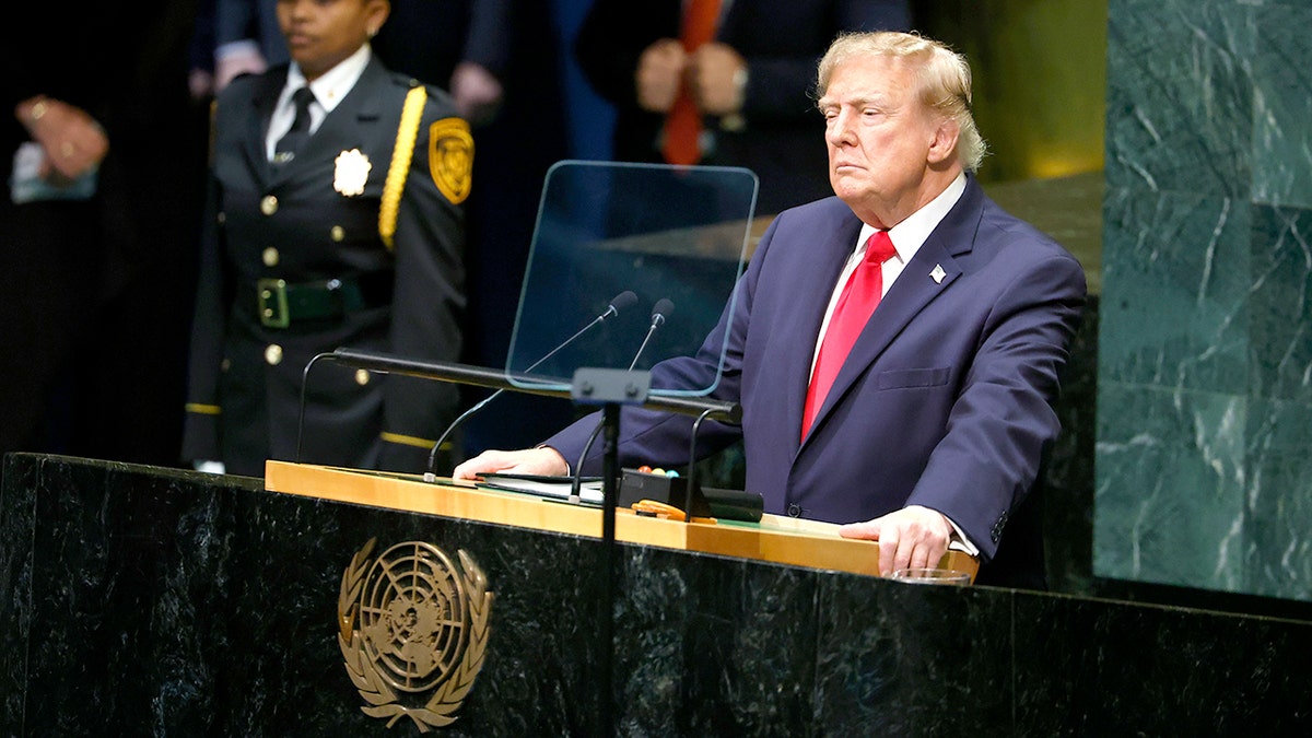 Donald Trump stands at the United Nations podium.