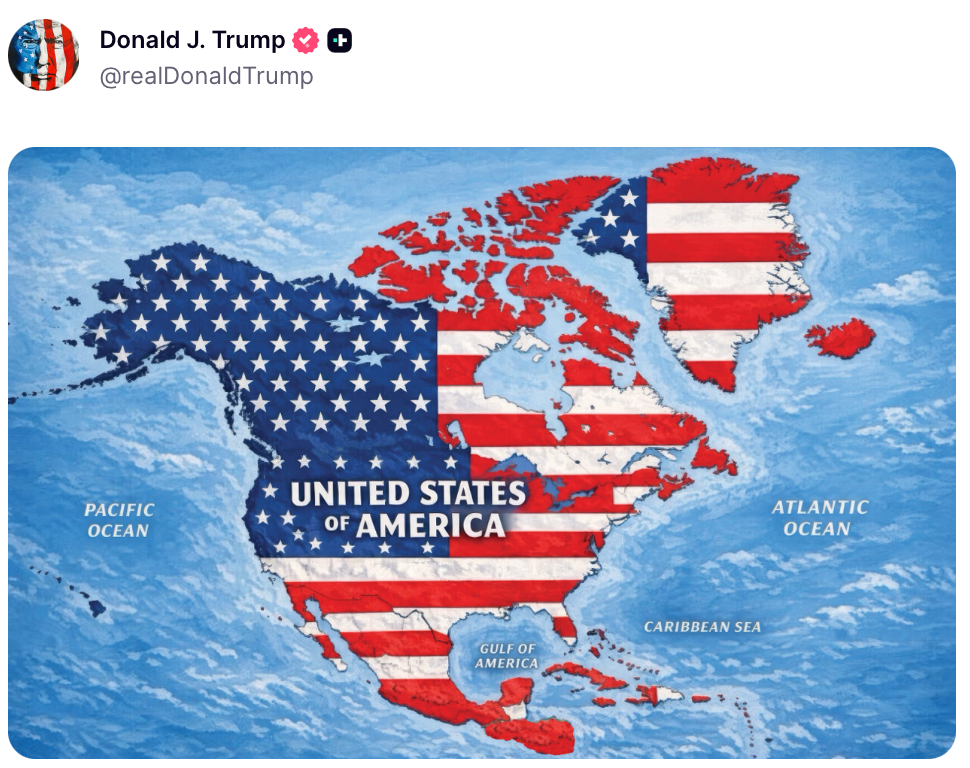 Trump's Truth Social account posted an image of North America covered in the U.S. flag on September 7