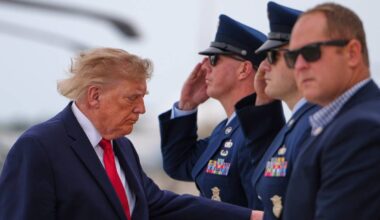 President Donald Trump boards Air Force One, Saturday, Sept. 26, 2026, at Joint Base Andrews, Md. (AP Photo/Julia Demaree Nikhinson)