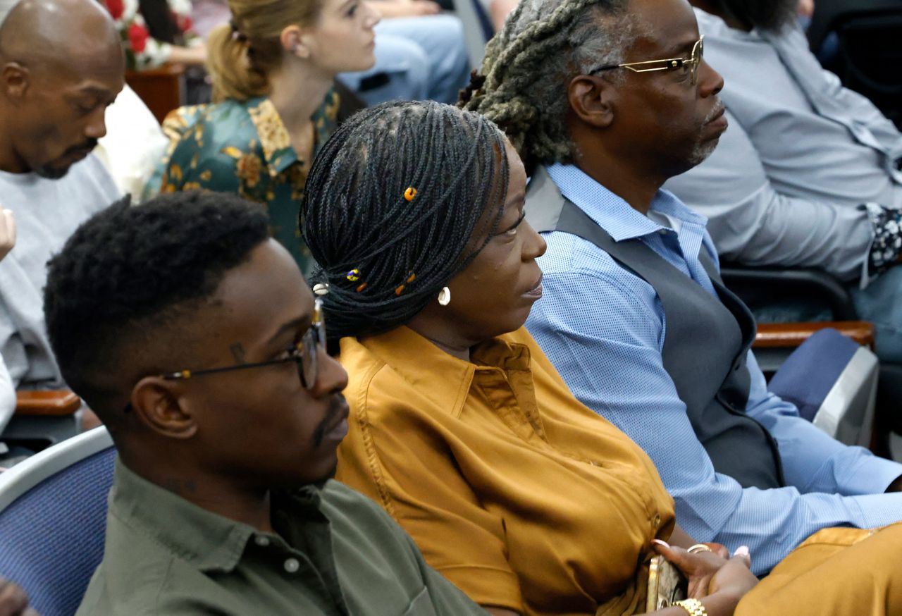 Family members of rapper Tupac Shakur, including his sister Sekyiwa Shakur (center), attend the murder trial of Duane Davis in Las Vegas on August 21.