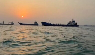 Vessels seen on Strait of Hormuz by Bandar Abbas, Iran as sun sets