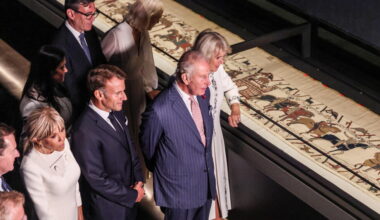 Macron and Burnham join King Charles III to see the Bayeux Tapestry in London