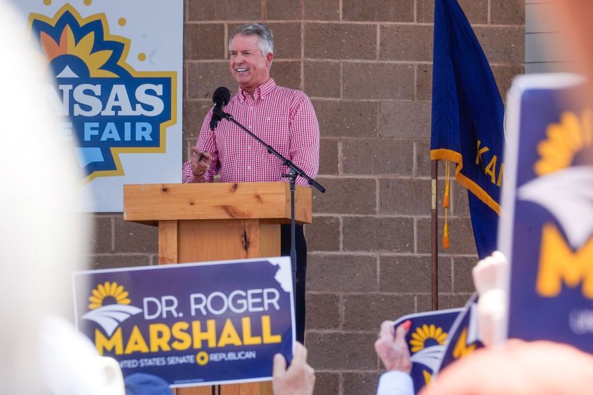 Sen. Roger Marshall appears at a debate at the Kansas State Fair in Hutchinson, Kansas, on Saturday.