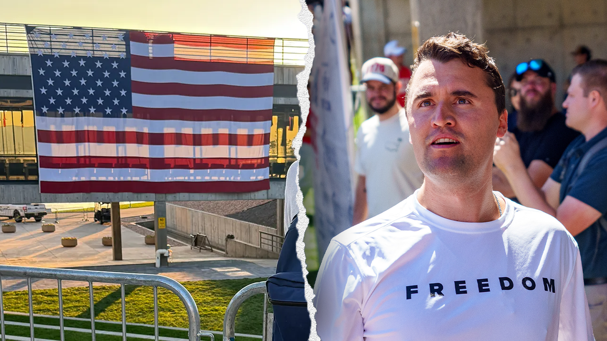 A split image showing a US flag over where Charlie Kirk was speaking when he was assassinated, and an image of Kirk moments before he was shot and killed at Utah Valley University