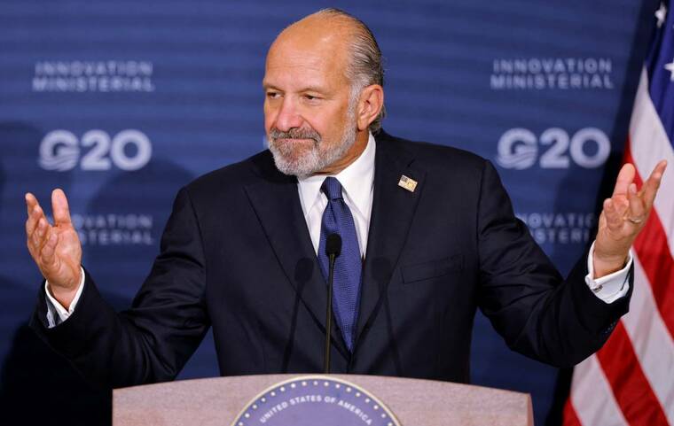 REUTERS/JONATHAN DRAKE
U.S. Secretary of Commerce Howard Lutnick gestures during a press conference at the G20 Innovation Ministerial summit, in Chapel Hill, N.C., on Wednesday. Lutnick apologized today for stating that no Americans had died in the Iran war, acknowledging that 18 service members have been killed and he was thinking about Venezuela when he made the mistaken statement.