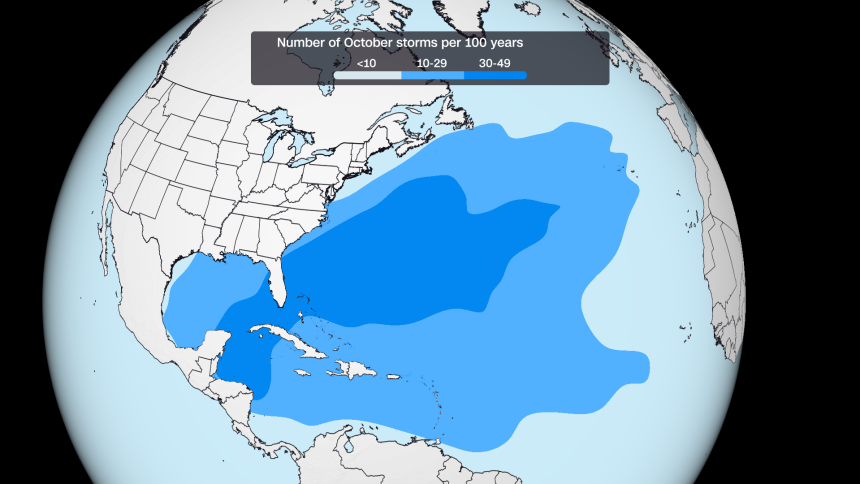 The areas where October storms form most frequently based on past history.