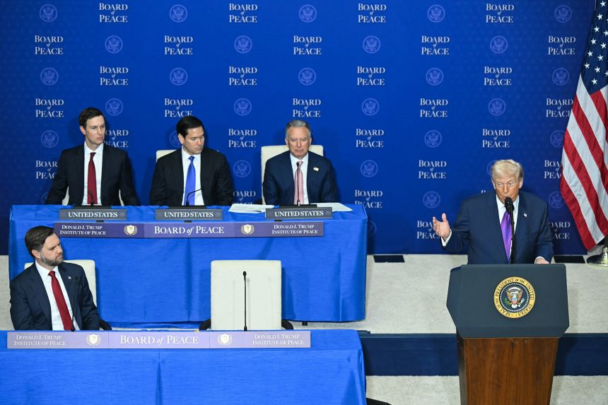 Vice President JD Vance, Jared Kushner, Secretary of State Marco Rubio, and White House Special Envoy Steve Witkoff listen as President Donald Trump delivers remarks during the inaugural meeting of the
