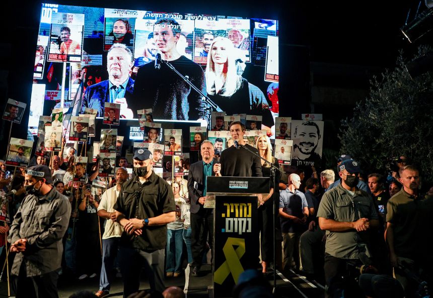Jared Kushner speaks in Hostages Square, flanked by Ivanka Trump and US Special Envoy to the Middle East Steve Witkoff, after a ceasefire between Israel and Hamas in Gaza went into effect on October 11, 2025.