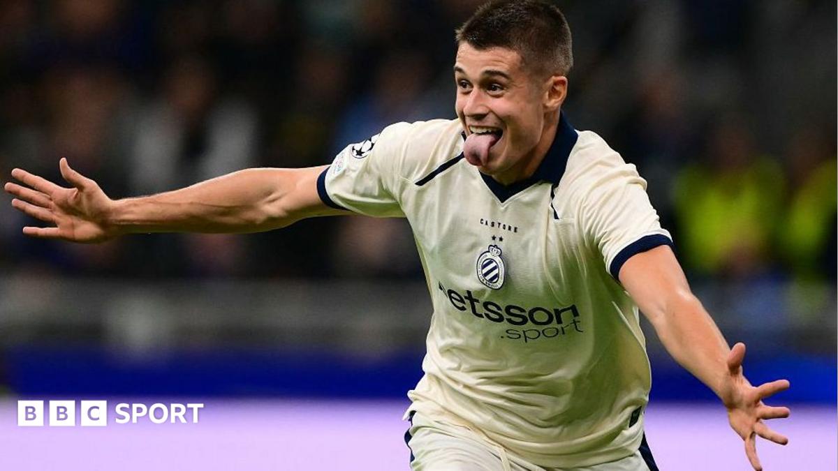 Club Brugge forward Nicolo Tresoldi celebrating scoring at Inter Milan in the Champions League