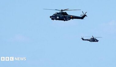 Two Romanian helicopters fly over the Black Sea. File photo