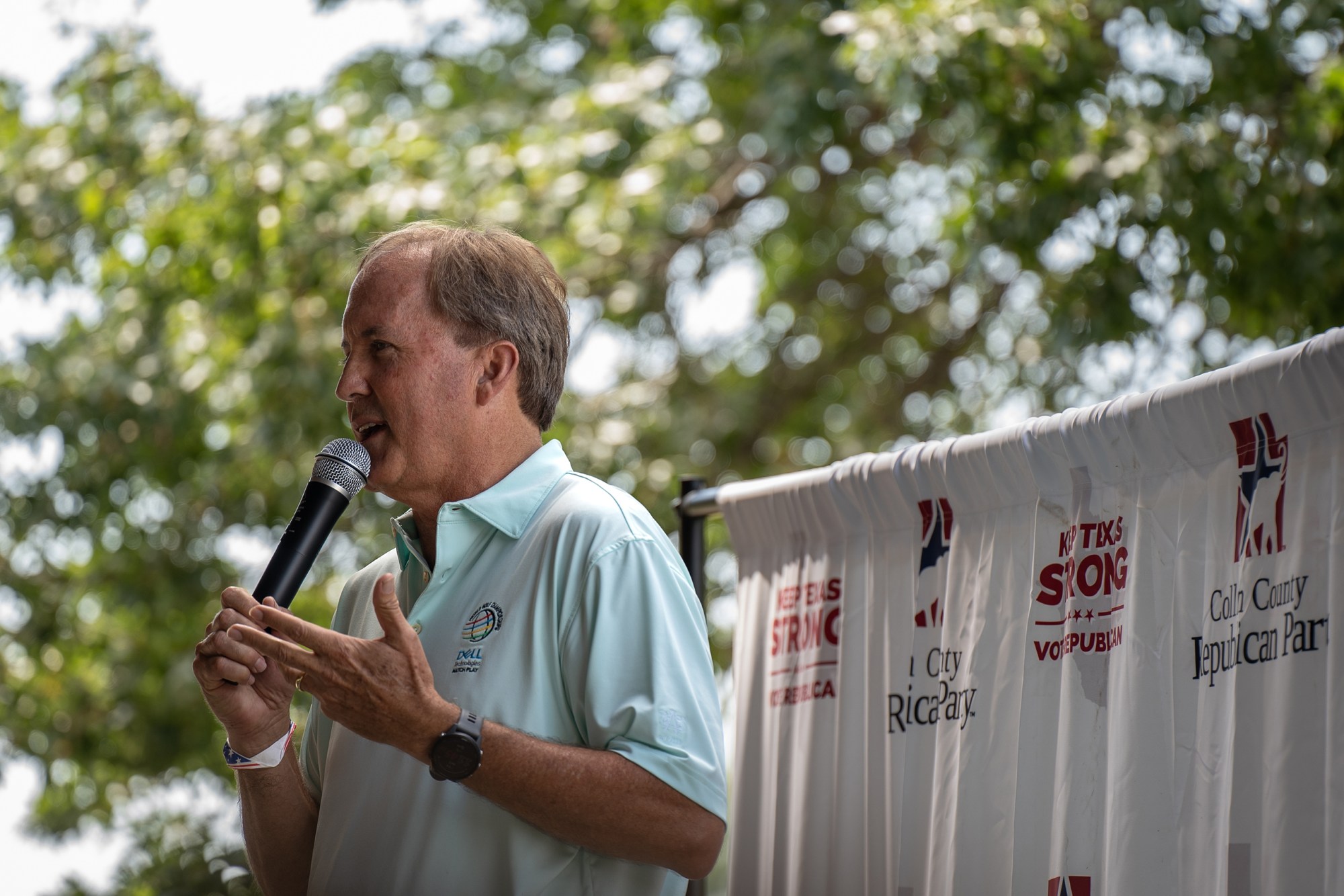 Texas Attorney General Ken Paxton speaks at the Collin County Labor Day picnic in Plano on Sept. 2, 2023.