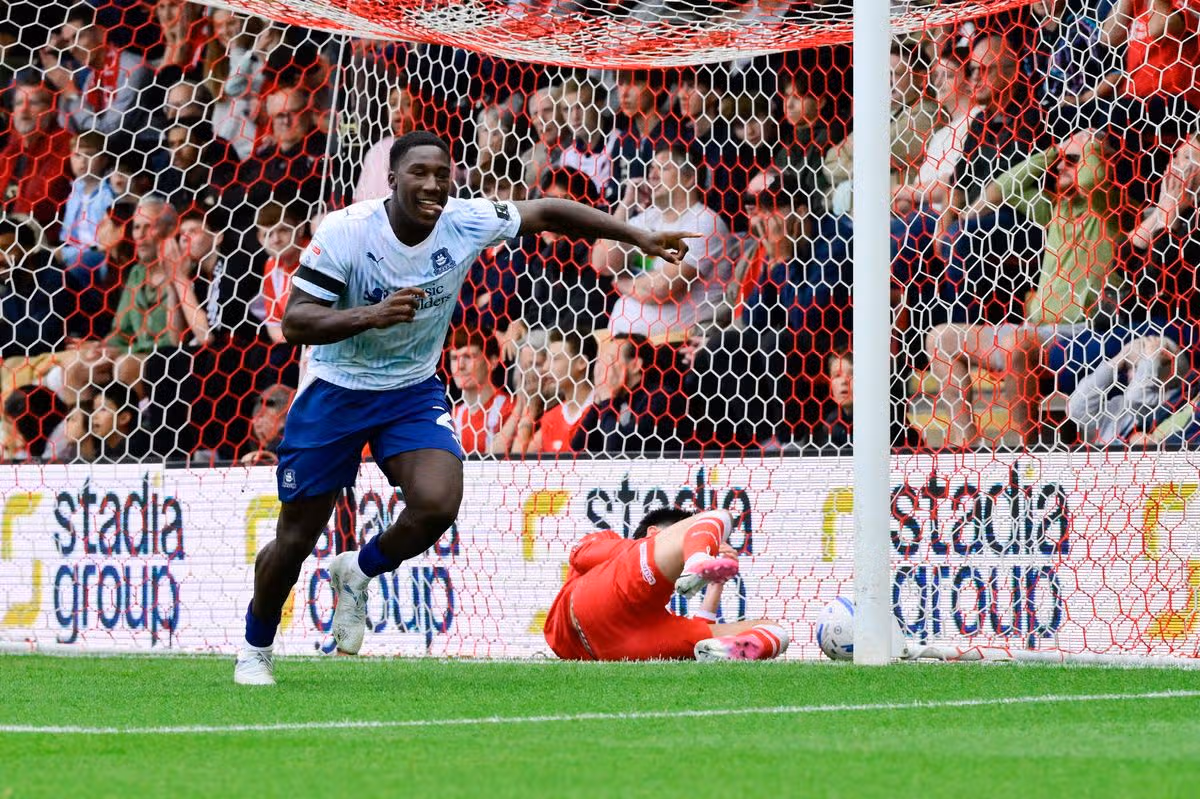 Goal celebrations for Bim Pepple of Plymouth Argyle after scoring the opening goal during the Sky Bet League 1 match between Leyton Orient and Plymouth Argyle at BetWright Stadium, London on 3 October 2026 (Photo: Alan Stanford/PPAUK)