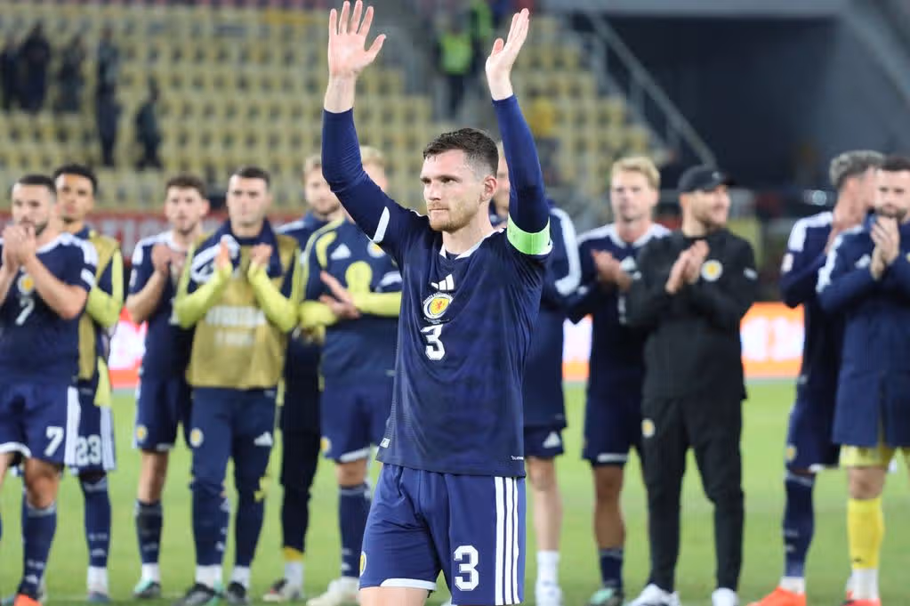 Scotland captain Andrew Robertson (3) greets supporters as Scotland celebrate their victory after the UEFA Nations League League B Group 1 match between North Macedonia and Scotland