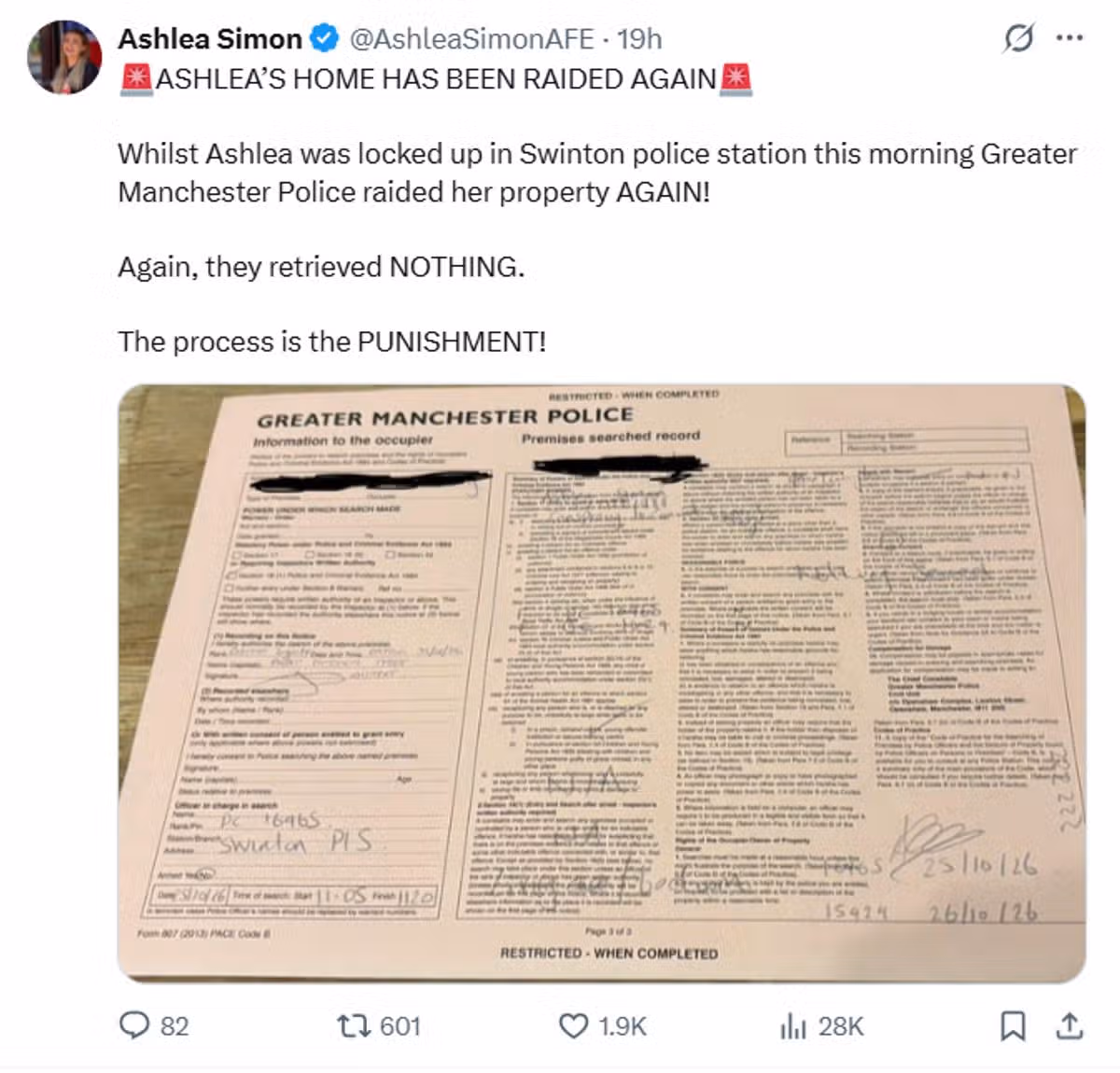 Ashlea Simon posts claim her home was raided by GMP.