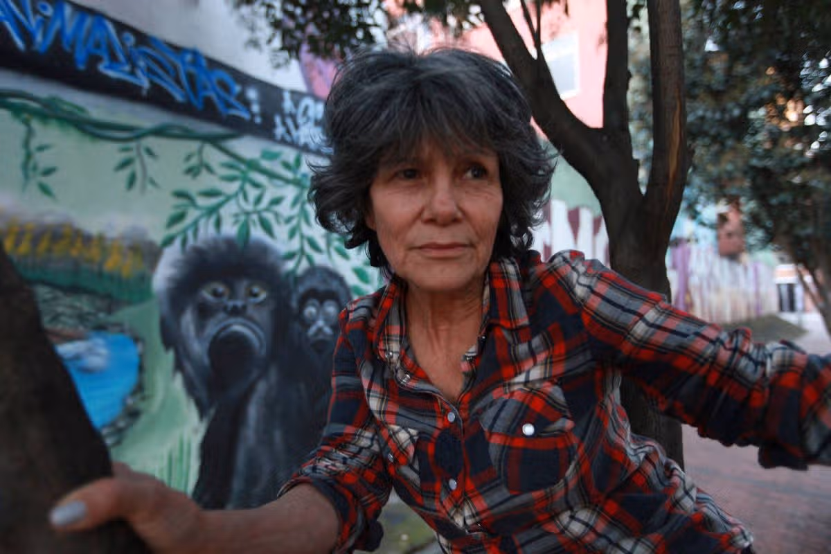 Marina Chapman close up in tree in front of mural