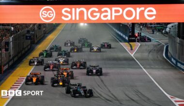 Thousands of fans watch the Formula 1 Singapore Grand Prix at the Marina Bay Street Circuit in Singapore on October 5, 2025.