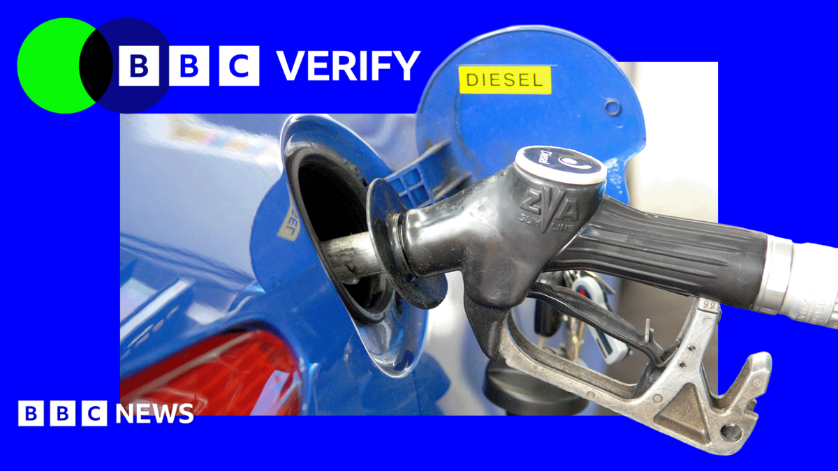 A diesel fuel pump attached to a blue car