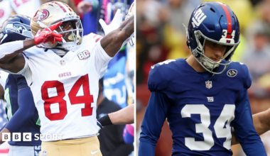 A split photo of San Francisco 49ers wide receiver Brandin Cooks celebrating and New York Giants kicker Dominic Zvada looking down