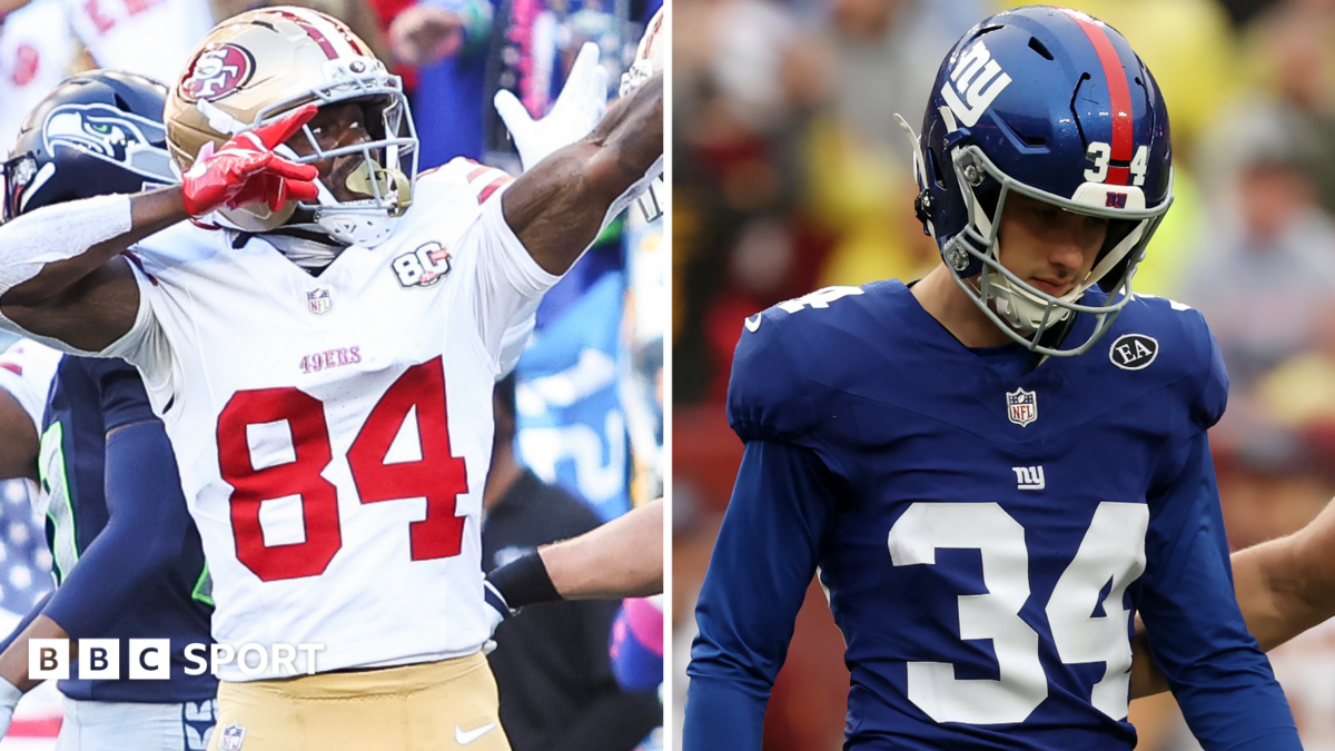 A split photo of San Francisco 49ers wide receiver Brandin Cooks celebrating and New York Giants kicker Dominic Zvada looking down