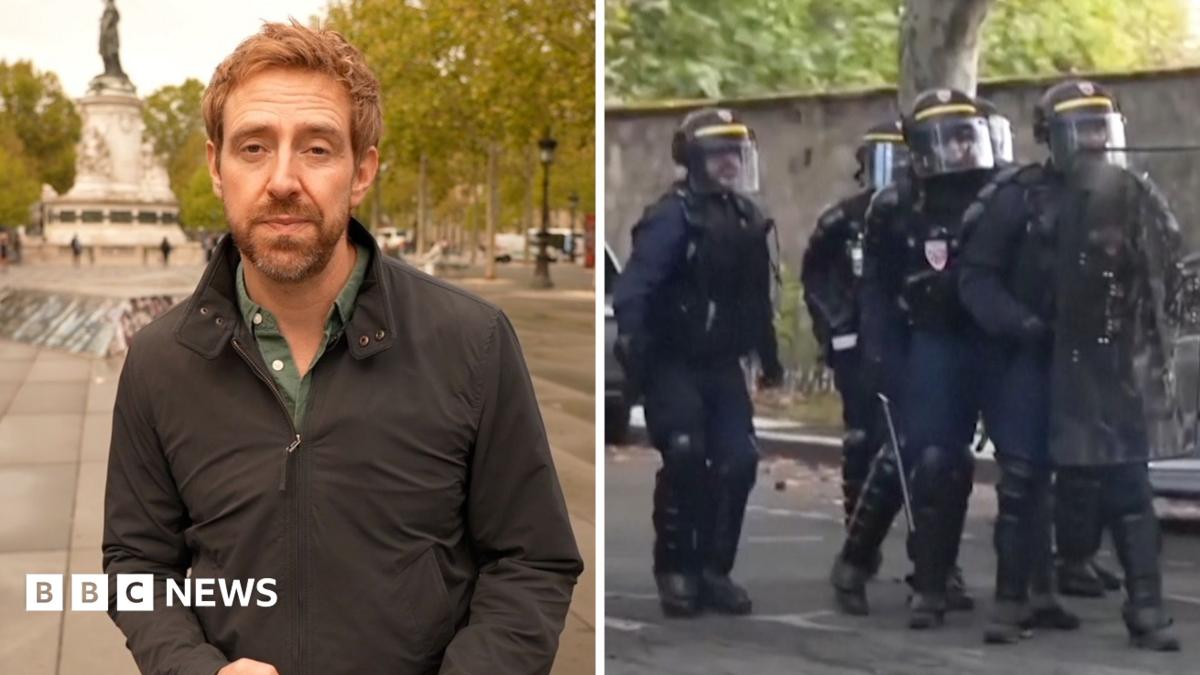 Composite image of peaceful protesters and a bin set on fire in Paris