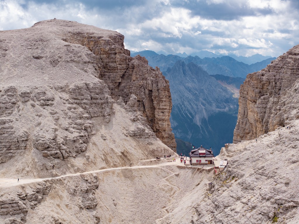 Rifugio Forcella Pordoi in the Sella massif, Dolomites, Italy.