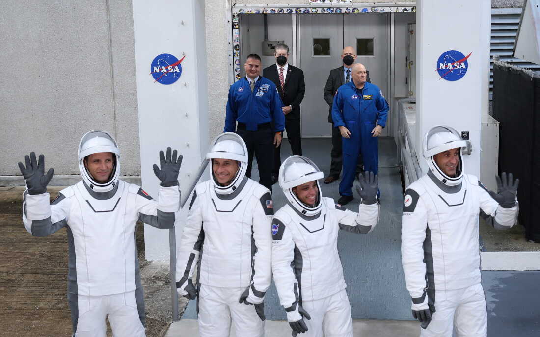 NASA’s SpaceX Crew-13 crew members (L-R) Canadian Space Agency astronaut Joshua Kutryk, NASA astronauts Luke Delaney and Jessica Watkins, and Roscosmos cosmonaut Sergey Teteryatnikov ahead of their launch from Cape Canaveral, Fla. on Thursday.