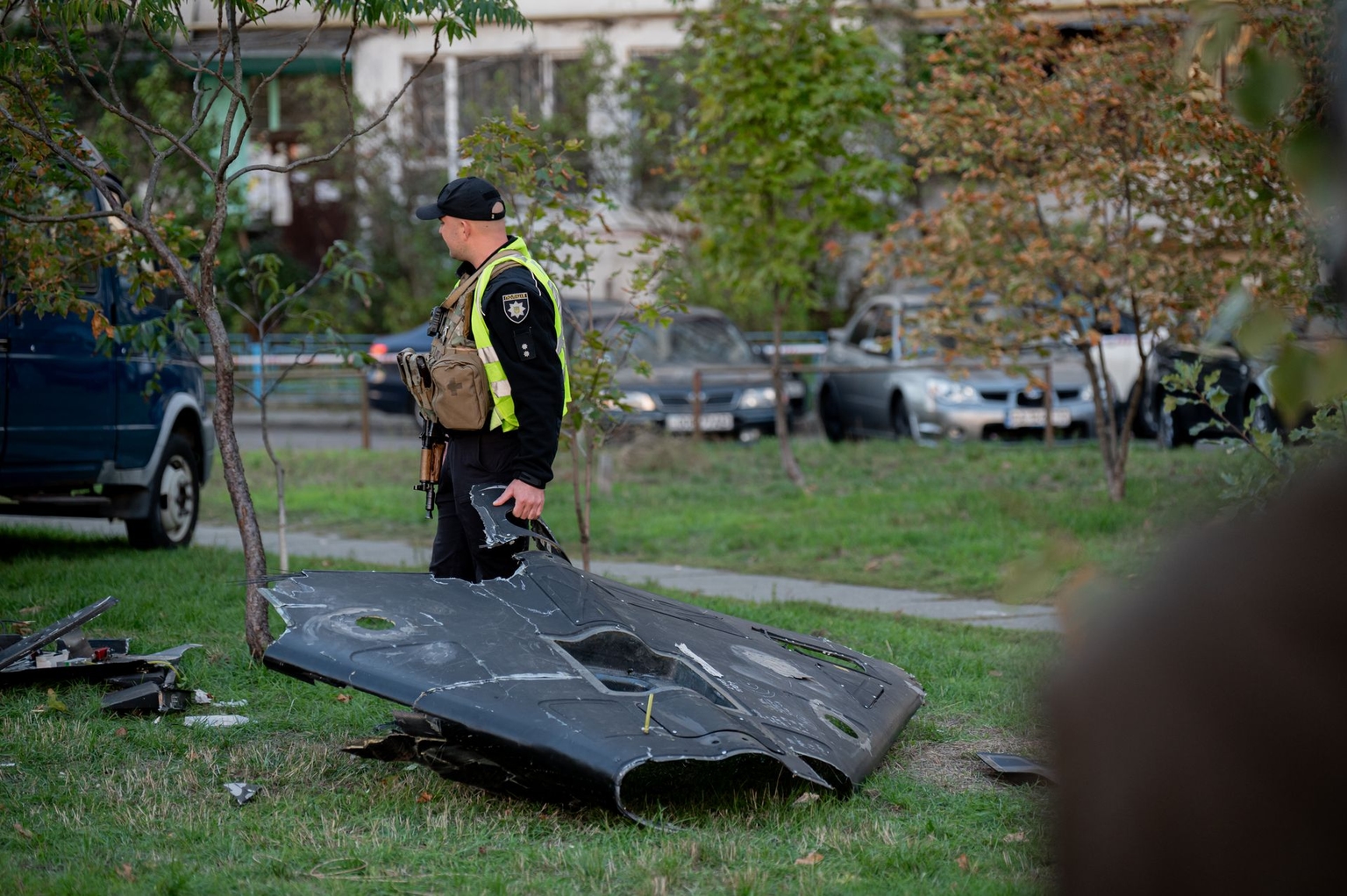 Police remove wreckage from a drone in Kyiv, Ukraine, on Sept. 30, 2026.