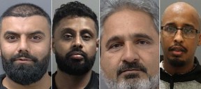 From left to right, Haroon Qayumzada, Gajan Karunanithy, Tariq Hameed, and Ismail Ismail were arrested following an alleged fraud scheme linked to more than $100,000 in unpaid Hwy. 407 tolls.