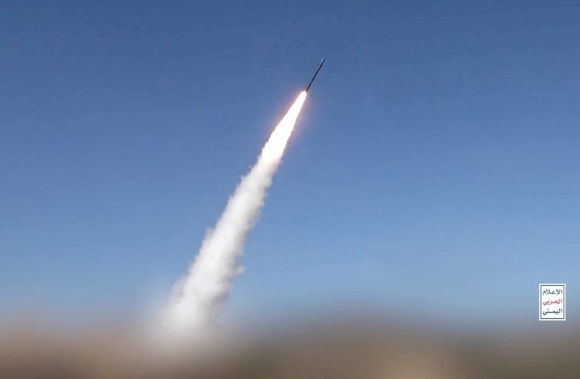 What is said to be a missile is launched in what Yemen's Iran-aligned Houthis say is an attack on the Red Sea port city of Mocha, Yemen.