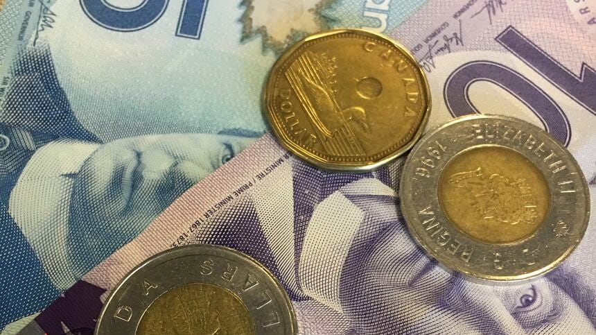 Close up of Canadian money, dollars and cents