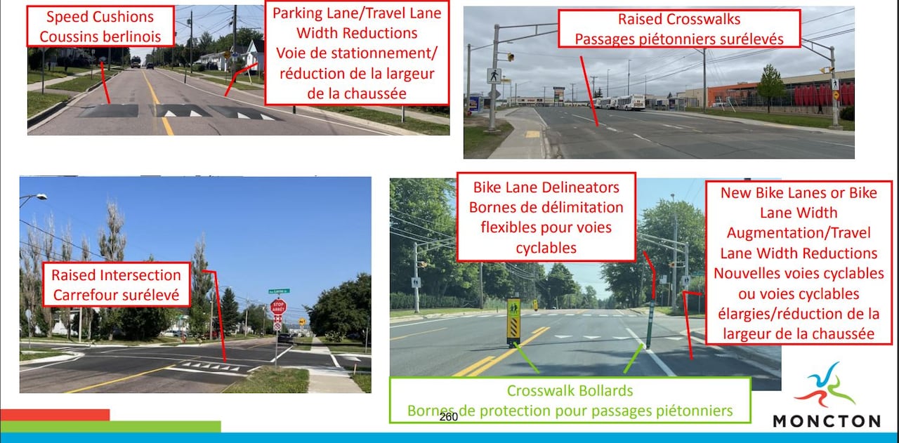 A series of photos of roadways with red text indicating what measures have been added.