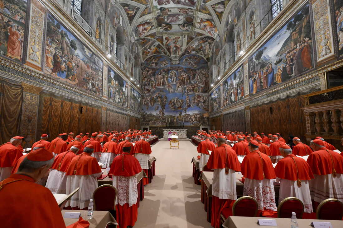 Newly elected Pope Leo XIV speaks to cardinals in the Sistine Chapel, on May 8, 2025.