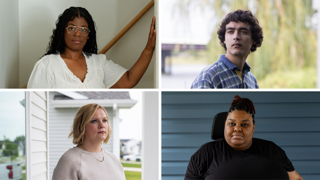 Clockwise from upper left: Marissa Pike, Tyrone Laundersville, Rasheeda McCrae and Samanthya Marlatt share their experiences in foster care. Marissa Pike has long dark braided hair, she has glasses and she is wearing a white top, Tyrone Laundersville has brown curly hair and is wearing a blue plaid polo shirt, Rasheeda McCrae has dark braids and is using an electric wheelchair and Samanthya Marlatt has chin-length wavy blonde hair and is wearing a cream sweater.