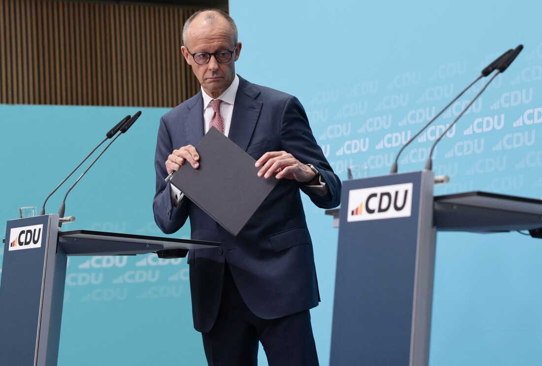 German Chancellor and leader of Germany's Christian Democratic Union (CDU) Friedrich Merz leaves at the end of a press conference one day after state elections in Berlin and Mecklenburg-Western Pomerania, at the CDU's headquarters in Berlin on Sept. 21.