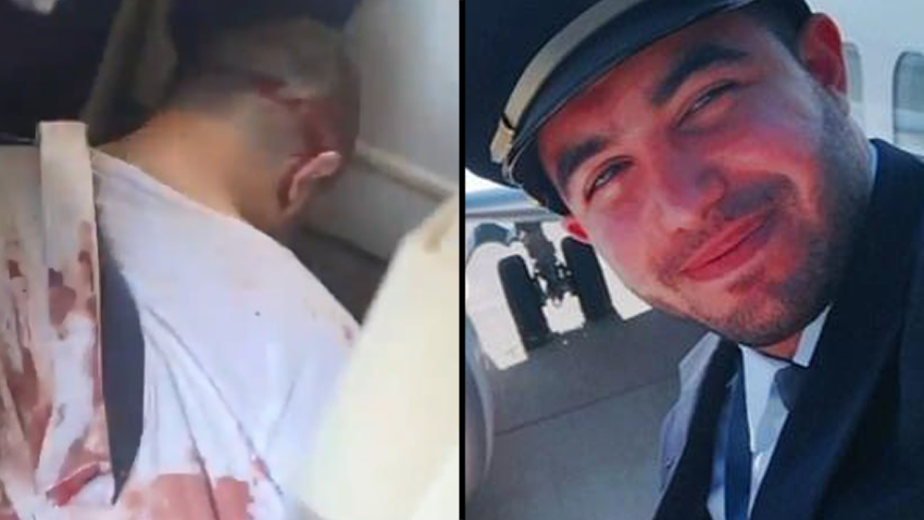The terrorist Hammam al-Hammami after he carried out the stabbing and was subdued by passengers on the plane המחבל המאם אל המאמי לאחר שדקר ונתפס על ידי הנוסעים במטוס