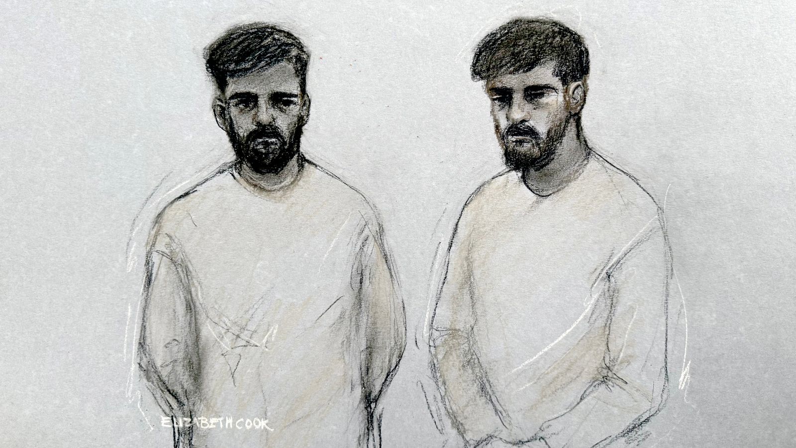 Court artist drawing of Salam Ahmadyan (left) and Rahman Salehi. Pic: Elizabeth Cook/PA