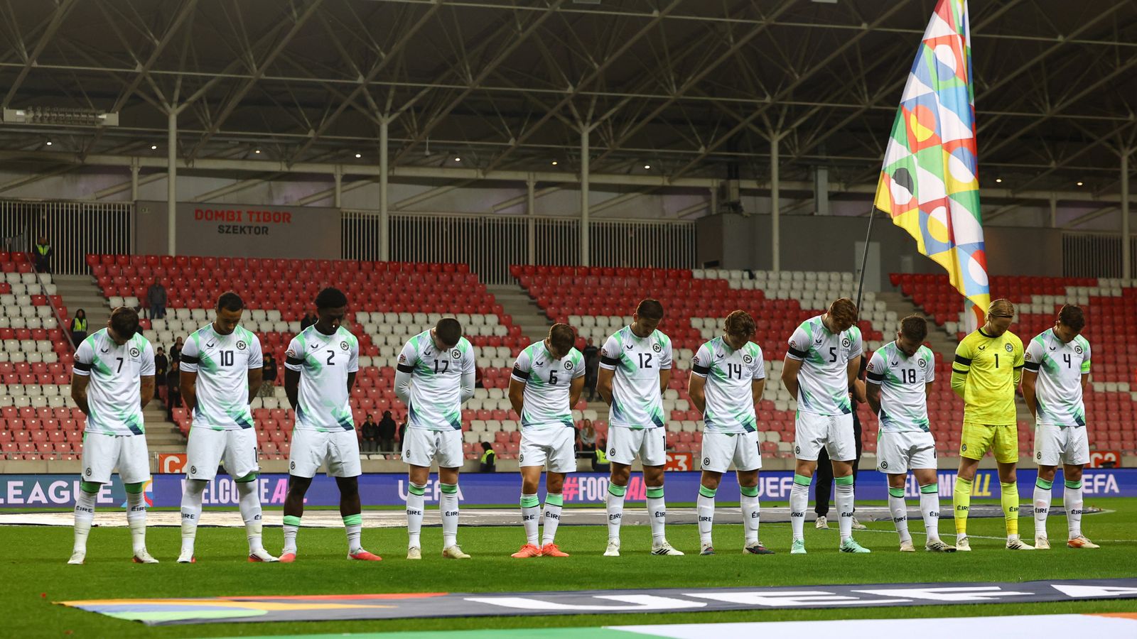 Ireland players lowered their heads during the Israeli anthem in the last game. Pic: Reuters