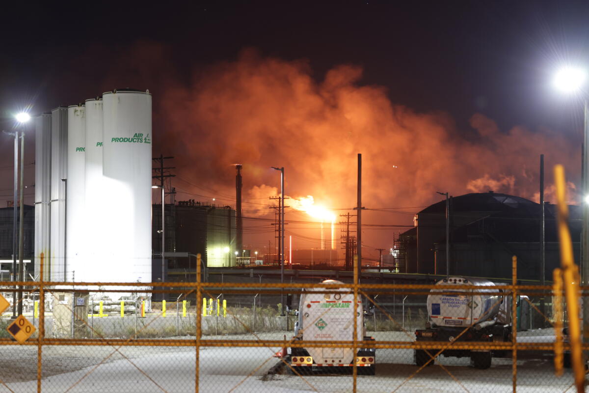 View of fire and smoke at the Chevron Refinery in El Segundo