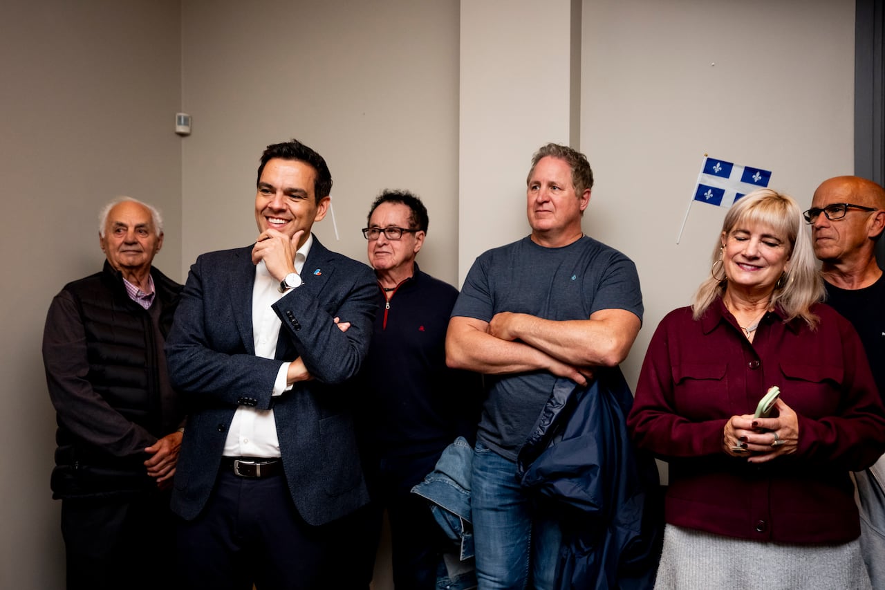 Quebec Liberal Leader Charles Milliard meets supporters during a campaign stop in Saint Jean sur Richelieu, Que., on Friday, Oct. 2, 2026.