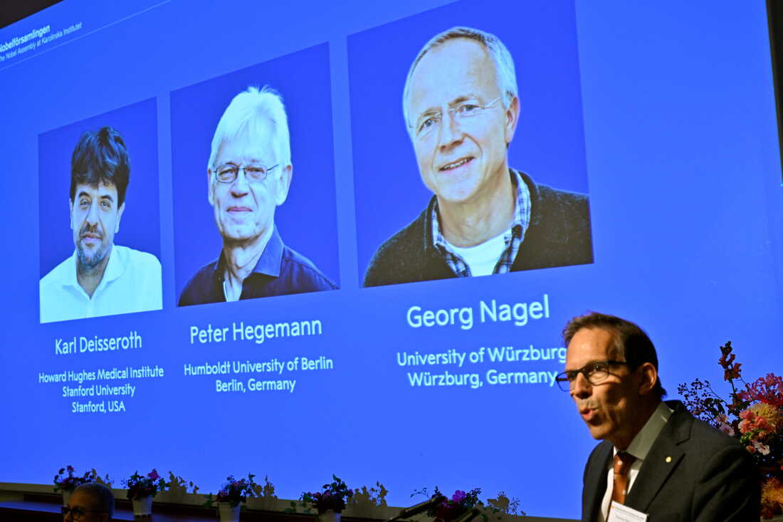 Karl Deisseroth, Peter Hegemann and Georg Nagel are shown on the screen as they are awarded the 2026 Nobel Prize in Physiology or Medicine, as announced during a press conference at the Nobel Forum at Karolinska Institutet in Stockholm, Sweden, Oct. 5, 2026.