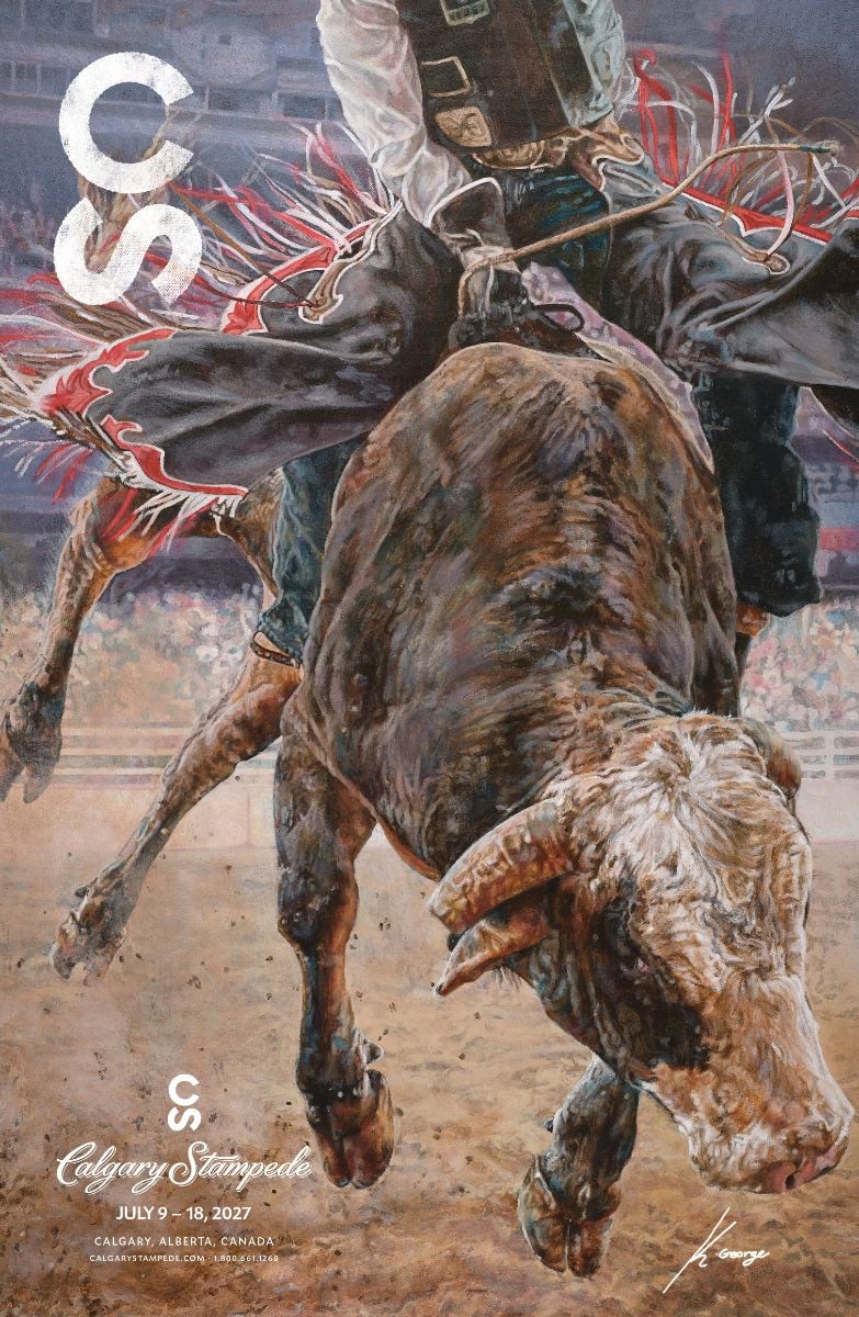 A painting of a cowboy riding on a bull at a rodeo.
