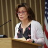 FCC Commissioner Anna Gomez speaks at a news conference following an FCC meeting in Washington on Feb. 18, 2026.