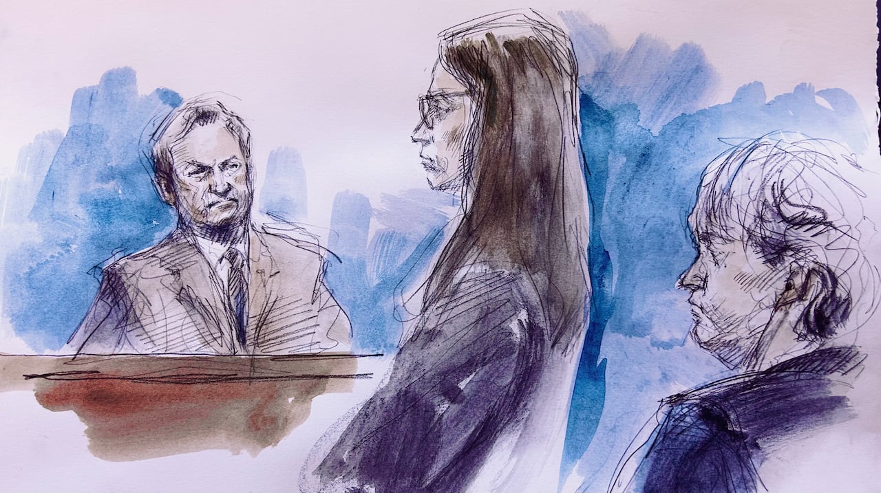 A court sketch of a man speaking in court, while a woman and another man listen