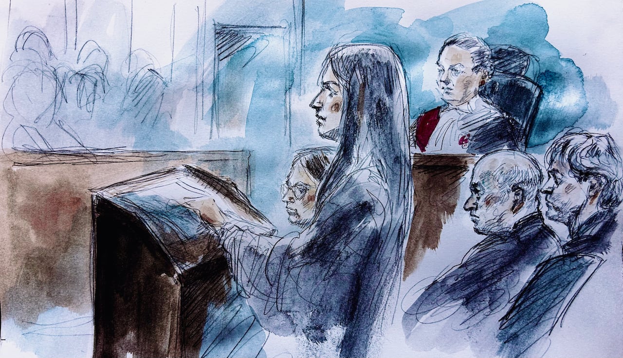A court sketch showing a woman speaking to the jury