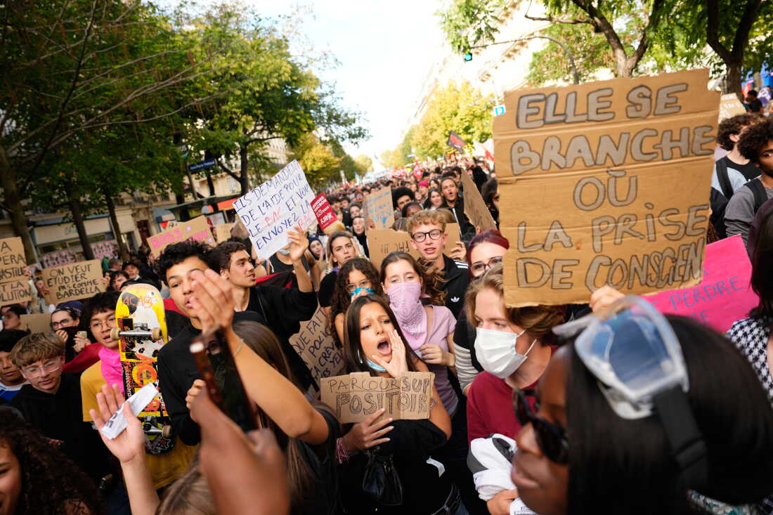 Students chant slogans during a demonstration against under-resourced schools, in Paris, Tuesday.