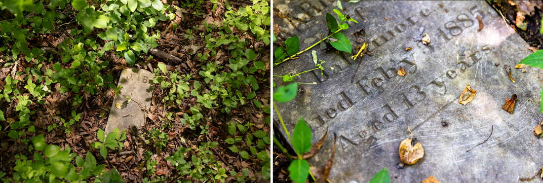 Grave markers for Black youth that died while being held at the House of Reformation and Instruction for Colored Children that operated from 1870 to 1937 in Cheltenham, Md. The graves are located in a wooded area adjacent to the Maryland Veterans Cemetery.